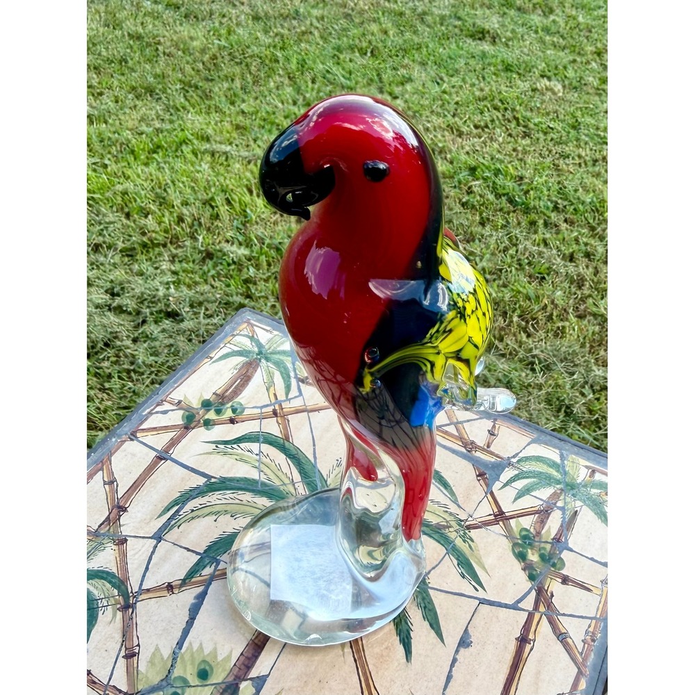 Vintage Murano Style Art Glass Parrot Figurine Red Yellow Blue Bird Sculpture 8"